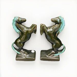 Pair Of Blue Mountain Pottery Rearing Horse Book Ends. Beautiful Blue/Aqua Hue!